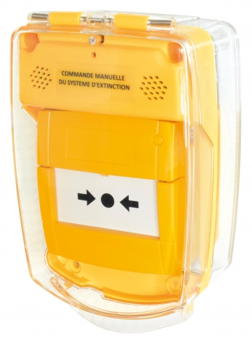 Yellow waterproof call point cover. Crdits : myfiresafetyproducts.com 2021