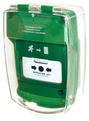 Green call point cover with sounder. Crdits : myfiresafetyproducts.com 2021